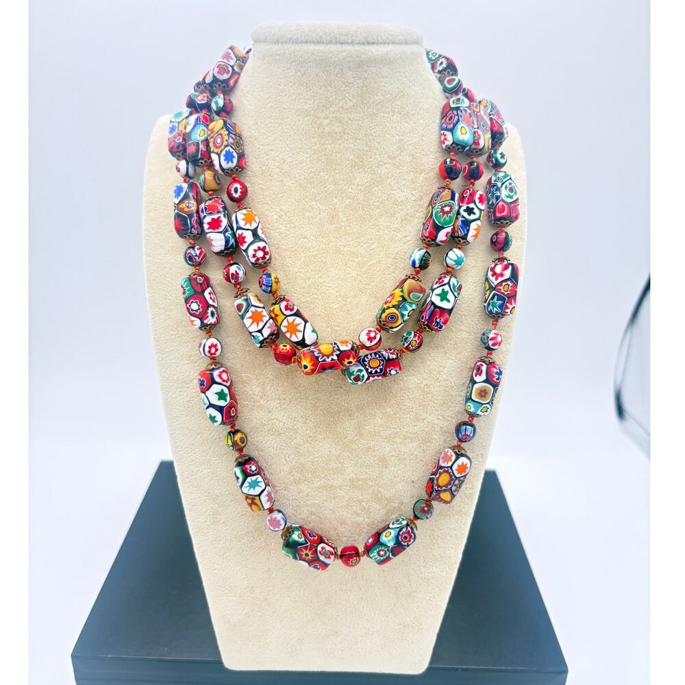 Vintage Millefiori Glass Bead Necklace – Vibrant Classical Cane Motifs 48" Long